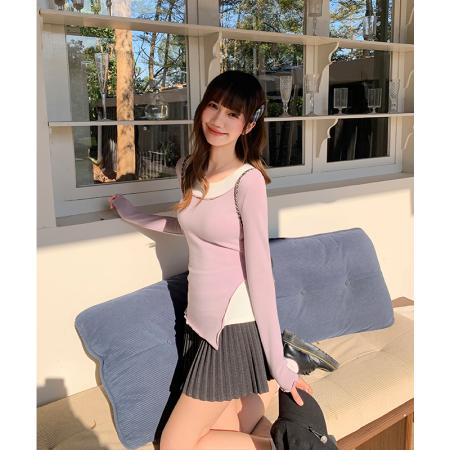 FA55768# 圆领不规则撞色假两件内搭底内里磨毛冬季收腰开叉掐腰 服裝批發女裝批發服飾貨源