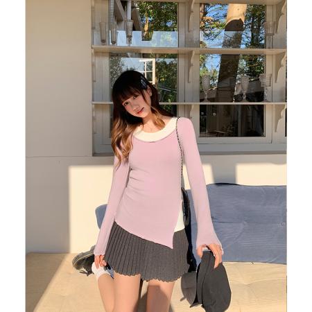 FA55768# 圆领不规则撞色假两件内搭底内里磨毛冬季收腰开叉掐腰 服裝批發女裝批發服飾貨源