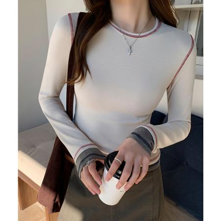 FA55769# 撞色短款辣妹圆领正肩长袖t恤春设计感打底衫内搭假两件 服裝批發女裝批發服飾貨源