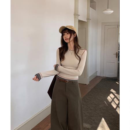 FA55769# 撞色短款辣妹圆领正肩长袖t恤春设计感打底衫内搭假两件 服裝批發女裝批發服飾貨源