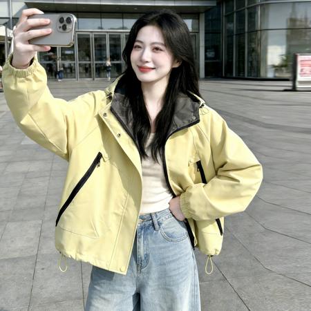 FA55775# 冲锋衣外套女春秋新款宽松百搭连帽长袖上衣韩版休闲夹克 服裝批發女裝批發服飾貨源