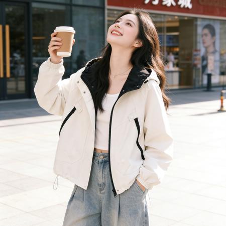 FA55775# 冲锋衣外套女春秋新款宽松百搭连帽长袖上衣韩版休闲夹克 服裝批發女裝批發服飾貨源