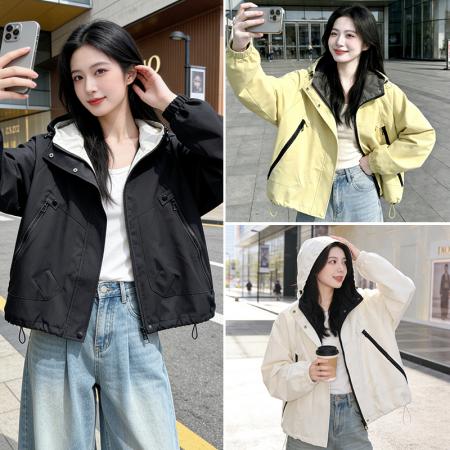 FA55775# 冲锋衣外套女春秋新款宽松百搭连帽长袖上衣韩版休闲夹克 服裝批發女裝批發服飾貨源