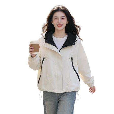 FA55775# 冲锋衣外套女春秋新款宽松百搭连帽长袖上衣韩版休闲夹克 服裝批發女裝批發服飾貨源