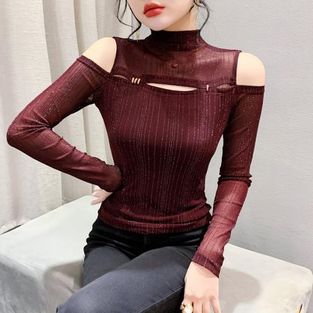 FA55779# 秋季新款设计感网纱时尚露肩性感长袖打底小衫女潮 服裝批發女裝批發服飾貨源