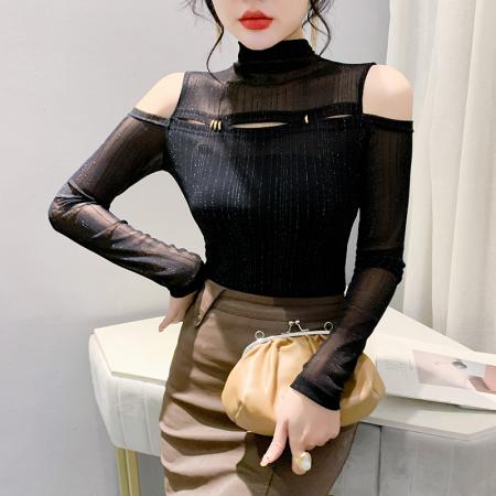 FA55779# 秋季新款设计感网纱时尚露肩性感长袖打底小衫女潮 服裝批發女裝批發服飾貨源