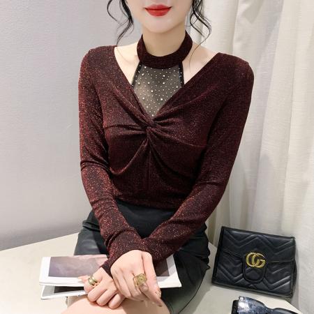 FA55780# 春季新款设计感时尚挂脖百搭气质烫钻扭结长袖显瘦小衫女 服裝批發女裝批發服飾貨源