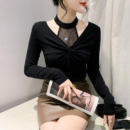 FA55780# 春季新款设计感时尚挂脖百搭气质烫钻扭结长袖显瘦小衫女 服裝批發女裝批發服飾貨源