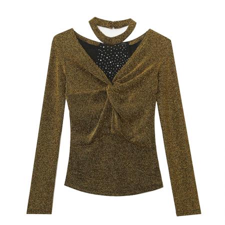 FA55780# 春季新款设计感时尚挂脖百搭气质烫钻扭结长袖显瘦小衫女 服裝批發女裝批發服飾貨源