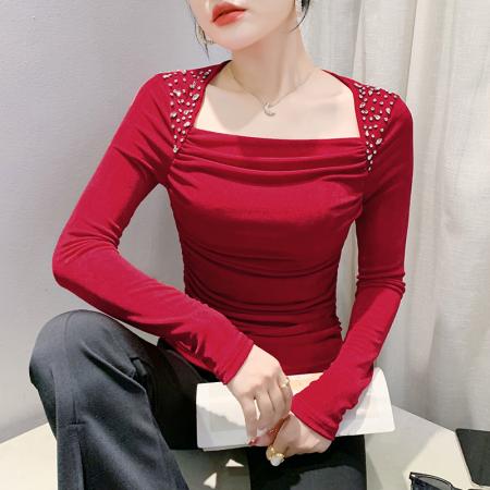 FA55781# 秋季新款设计感时尚收褶气质欧货手工钉珠洋气百搭长袖女 服裝批發女裝批發服飾貨源