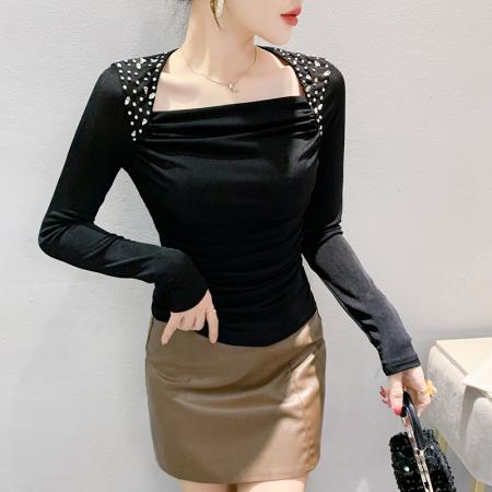 FA55781# 秋季新款设计感时尚收褶气质欧货手工钉珠洋气百搭长袖女 服裝批發女裝批發服飾貨源