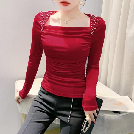 FA55781# 秋季新款设计感时尚收褶气质欧货手工钉珠洋气百搭长袖女 服裝批發女裝批發服飾貨源