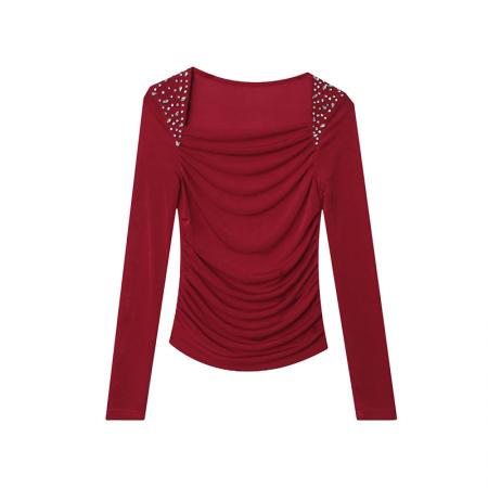 FA55781# 秋季新款设计感时尚收褶气质欧货手工钉珠洋气百搭长袖女 服裝批發女裝批發服飾貨源