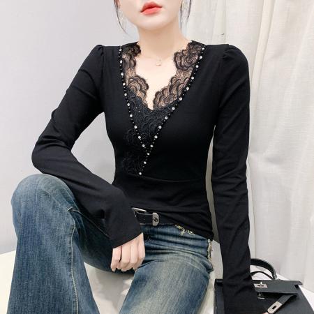 FA55782# 实秋装新款修身显瘦时尚拼接花边手工钉珠高档长袖t恤小衫女 服裝批發女裝批發服飾貨源