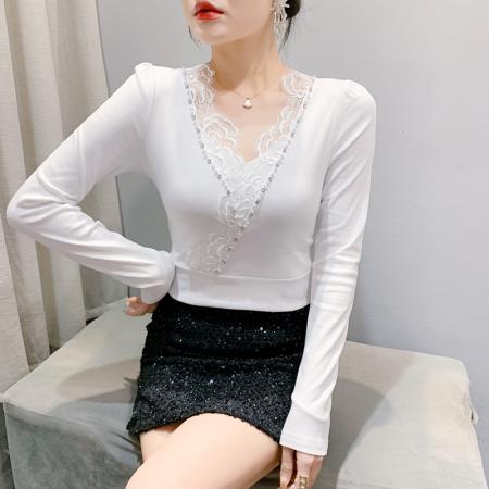 FA55782# 实秋装新款修身显瘦时尚拼接花边手工钉珠高档长袖t恤小衫女 服裝批發女裝批發服飾貨源