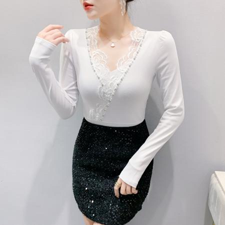 FA55782# 实秋装新款修身显瘦时尚拼接花边手工钉珠高档长袖t恤小衫女 服裝批發女裝批發服飾貨源