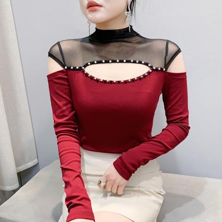 FA55783# 实秋装新洋气百搭时尚修身显瘦网纱拼接镂空镶钻长袖小衫女潮 服裝批發女裝批發服飾貨源