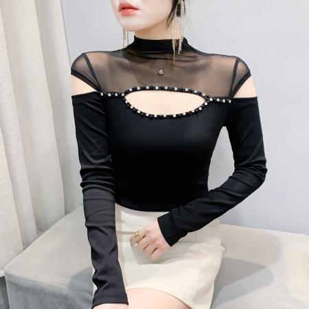 FA55783# 实秋装新洋气百搭时尚修身显瘦网纱拼接镂空镶钻长袖小衫女潮 服裝批發女裝批發服飾貨源