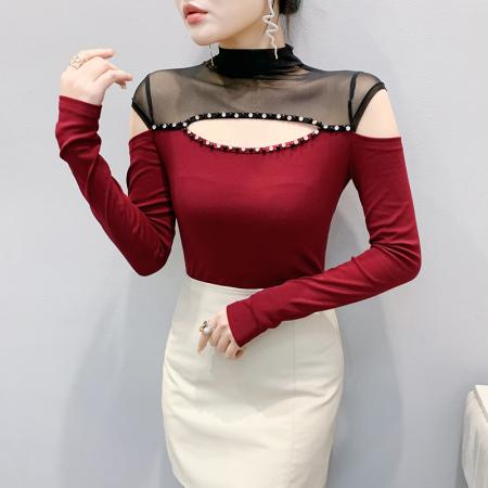 FA55783# 实秋装新洋气百搭时尚修身显瘦网纱拼接镂空镶钻长袖小衫女潮 服裝批發女裝批發服飾貨源