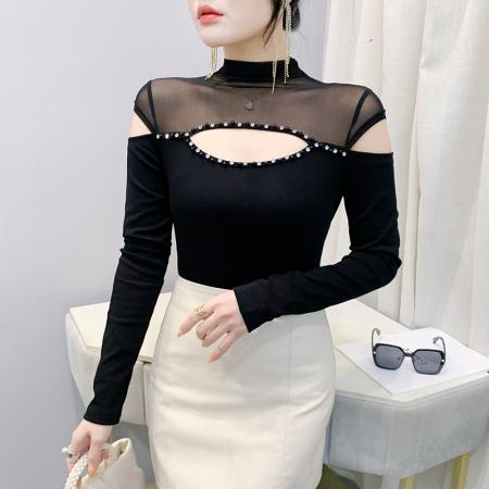 FA55783# 实秋装新洋气百搭时尚修身显瘦网纱拼接镂空镶钻长袖小衫女潮 服裝批發女裝批發服飾貨源