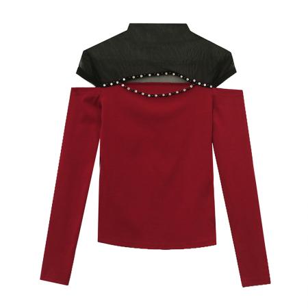 FA55783# 实秋装新洋气百搭时尚修身显瘦网纱拼接镂空镶钻长袖小衫女潮 服裝批發女裝批發服飾貨源