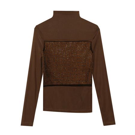 FA55784# 实秋新款高领修身显瘦丝绒亮钻拼接弹力网纱气质百搭长袖小衫 服裝批發女裝批發服飾貨源