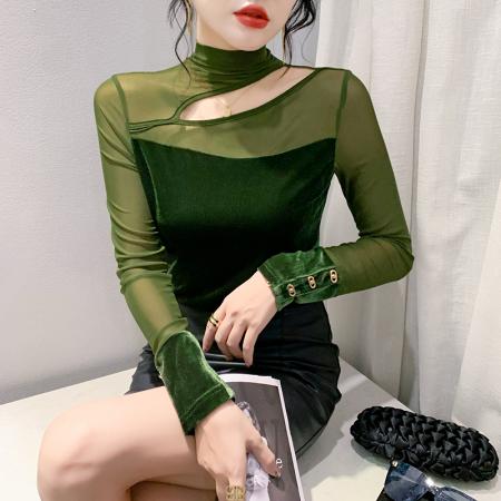 FA55785# 欧货秋装新款时尚高领网纱镂空洋气百搭长袖修打底衫女潮 服裝批發女裝批發服飾貨源