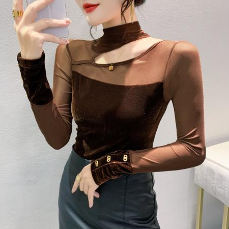 FA55785# 欧货秋装新款时尚高领网纱镂空洋气百搭长袖修打底衫女潮 服裝批發女裝批發服飾貨源