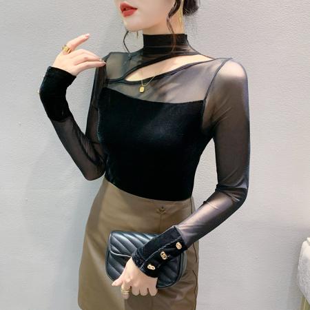 FA55785# 欧货秋装新款时尚高领网纱镂空洋气百搭长袖修打底衫女潮 服裝批發女裝批發服飾貨源