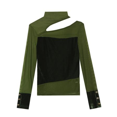 FA55785# 欧货秋装新款时尚高领网纱镂空洋气百搭长袖修打底衫女潮 服裝批發女裝批發服飾貨源