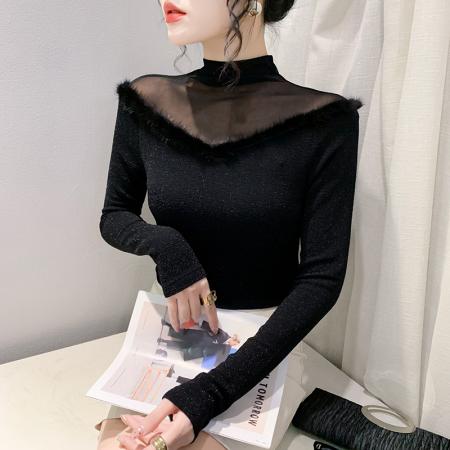 FA55786# 秋季新款时尚透视沙拼接亮丝网修身长袖气质百搭打底衫女 服裝批發女裝批發服飾貨源