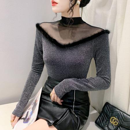 FA55786# 秋季新款时尚透视沙拼接亮丝网修身长袖气质百搭打底衫女 服裝批發女裝批發服飾貨源