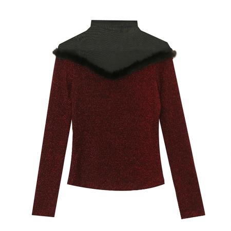 FA55786# 秋季新款时尚透视沙拼接亮丝网修身长袖气质百搭打底衫女 服裝批發女裝批發服飾貨源