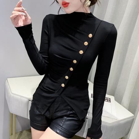 FA55787# 秋冬季新款修身显瘦设计感不规则气质长袖高领T恤小衫女 服裝批發女裝批發服飾貨源