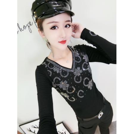 FA55788# 春装新款修身显瘦时尚花边镂空重工烫钻圆领T恤小衫女 服裝批發女裝批發服飾貨源