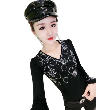 FA55788# 春装新款修身显瘦时尚花边镂空重工烫钻圆领T恤小衫女 服裝批發女裝批發服飾貨源