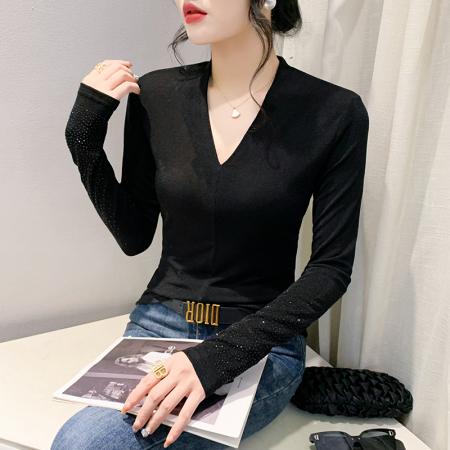FA55789# 秋装新款时尚设计感简约气质百搭V领烫钻长袖打底小衫女 服裝批發女裝批發服飾貨源