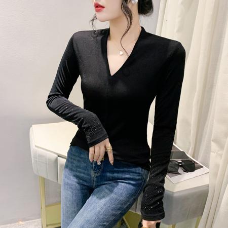FA55789# 秋装新款时尚设计感简约气质百搭V领烫钻长袖打底小衫女 服裝批發女裝批發服飾貨源