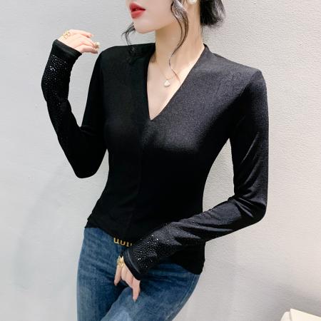 FA55789# 秋装新款时尚设计感简约气质百搭V领烫钻长袖打底小衫女 服裝批發女裝批發服飾貨源