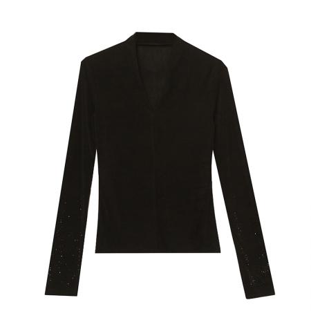 FA55789# 秋装新款时尚设计感简约气质百搭V领烫钻长袖打底小衫女 服裝批發女裝批發服飾貨源