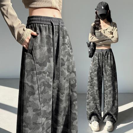 FA55790# 迷彩弯刀裤春季新款高腰直筒阔腿裤韩系穿搭时髦休闲裤 服裝批發女裝批發服飾貨源