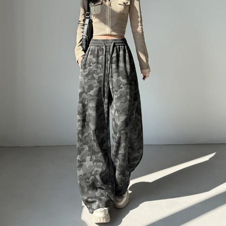 FA55790# 迷彩弯刀裤春季新款高腰直筒阔腿裤韩系穿搭时髦休闲裤 服裝批發女裝批發服飾貨源