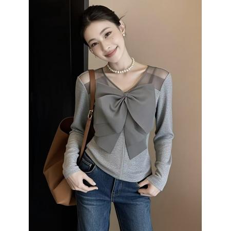 FA55792# 设计感大蝴蝶结设计韩系高级感灰色上衣女款春季时尚优雅上衣 服裝批發女裝批發服飾貨源