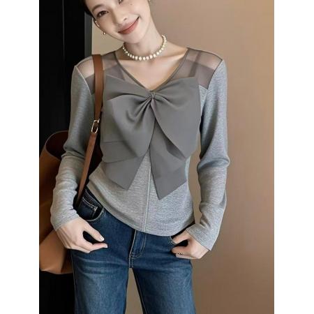 FA55792# 设计感大蝴蝶结设计韩系高级感灰色上衣女款春季时尚优雅上衣 服裝批發女裝批發服飾貨源