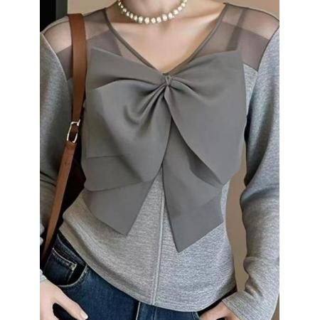 FA55792# 设计感大蝴蝶结设计韩系高级感灰色上衣女款春季时尚优雅上衣 服裝批發女裝批發服飾貨源