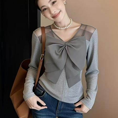 FA55792# 设计感大蝴蝶结设计韩系高级感灰色上衣女款春季时尚优雅上衣 服裝批發女裝批發服飾貨源