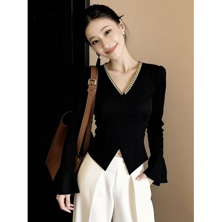 FA55793# 早春新款新款黑色时尚轻奢显瘦V领百搭上衣气质修身长袖上衣 服裝批發女裝批發服飾貨源