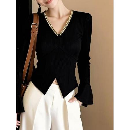 FA55793# 早春新款新款黑色时尚轻奢显瘦V领百搭上衣气质修身长袖上衣 服裝批發女裝批發服飾貨源