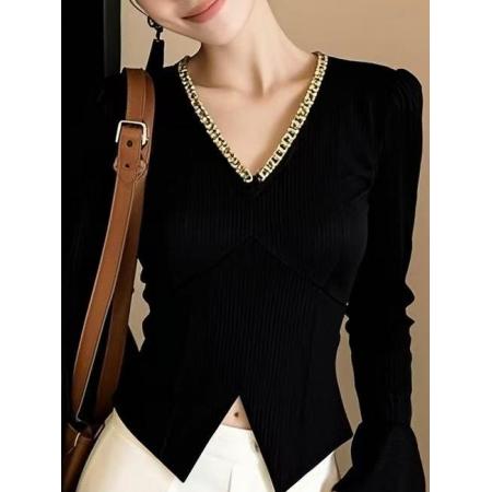 FA55793# 早春新款新款黑色时尚轻奢显瘦V领百搭上衣气质修身长袖上衣 服裝批發女裝批發服飾貨源