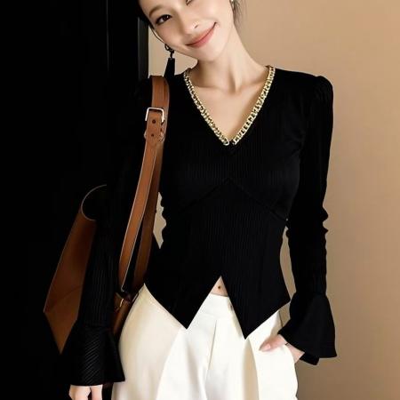 FA55793# 早春新款新款黑色时尚轻奢显瘦V领百搭上衣气质修身长袖上衣 服裝批發女裝批發服飾貨源